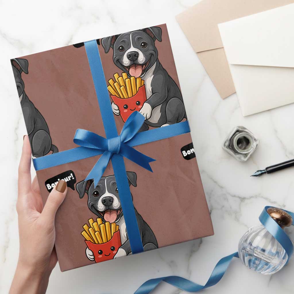 Funny Bonjour French Fries Wrapping Paper Roll Pitbull Dog Gift TS12 Mocha Print Your Wear