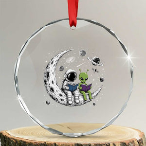 Funny Bookworm In Space Crystal Glass Ornament Cute Astronaut And Alien Reading TS12 Transparent Glass 3'' Circle Print Your Wear