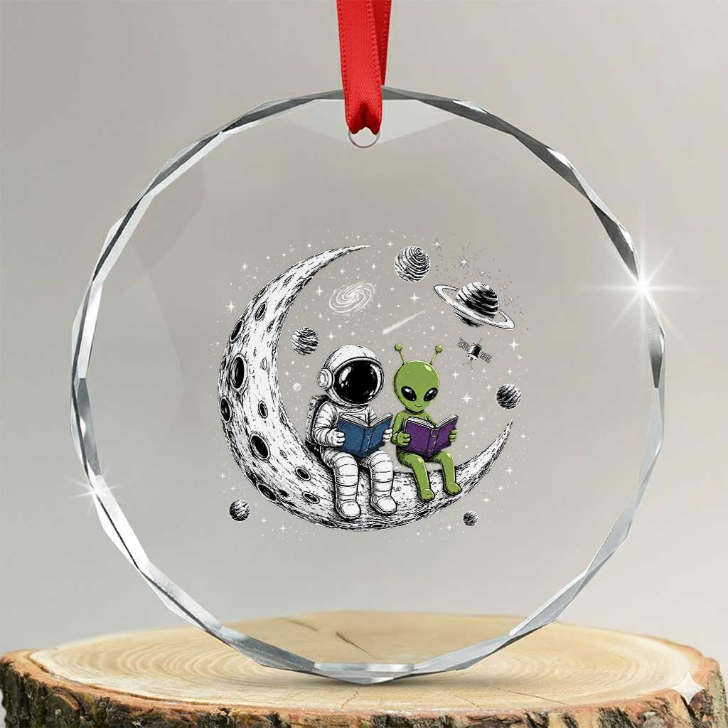 Funny Bookworm In Space Crystal Glass Ornament Cute Astronaut And Alien Reading TS12 Transparent Glass 3'' Circle Print Your Wear