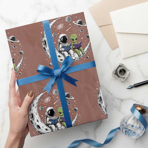 Funny Bookworm In Space Wrapping Paper Roll Cute Astronaut And Alien Reading TS12 Mocha Print Your Wear