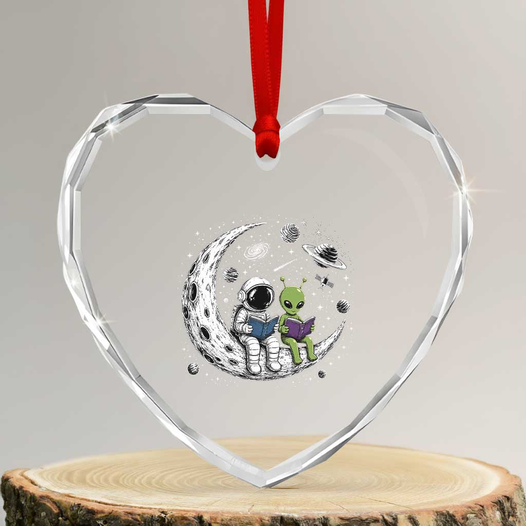 Funny Bookworm In Space Heart Crystal Glass Ornament Cute Astronaut And Alien Reading TS12 Transparent Glass 3'' Heart Print Your Wear