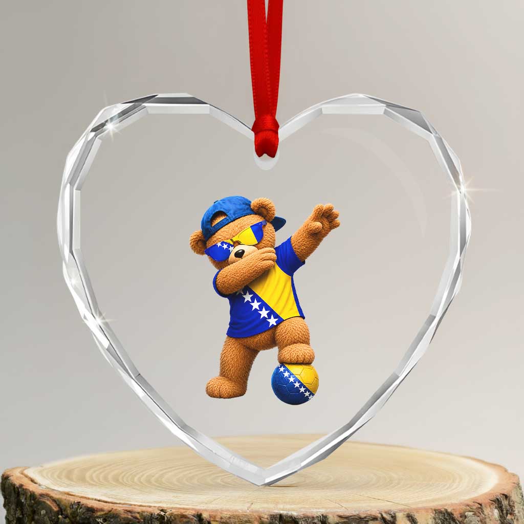 Funny Bosnia Teddy Bear Dabbing Fudbal Fan Gift Heart Crystal Glass Ornament