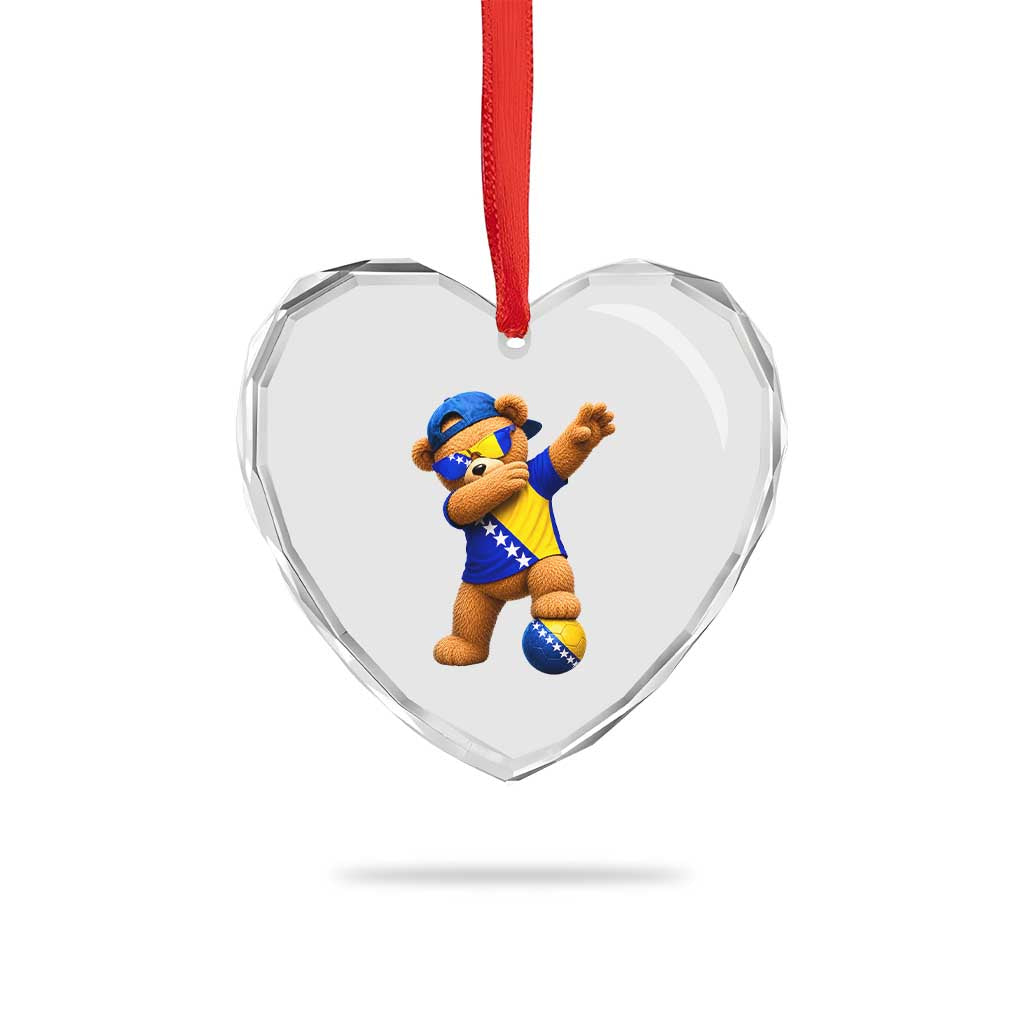 Funny Bosnia Teddy Bear Dabbing Fudbal Fan Gift Heart Crystal Glass Ornament