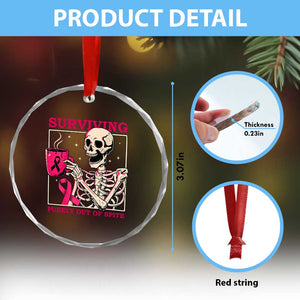 Funny Breast Cancer Skeleton Drinking Coffee Crystal Glass Ornament Surviving Purely Out Of Spite Pink Ribbon Warrior
