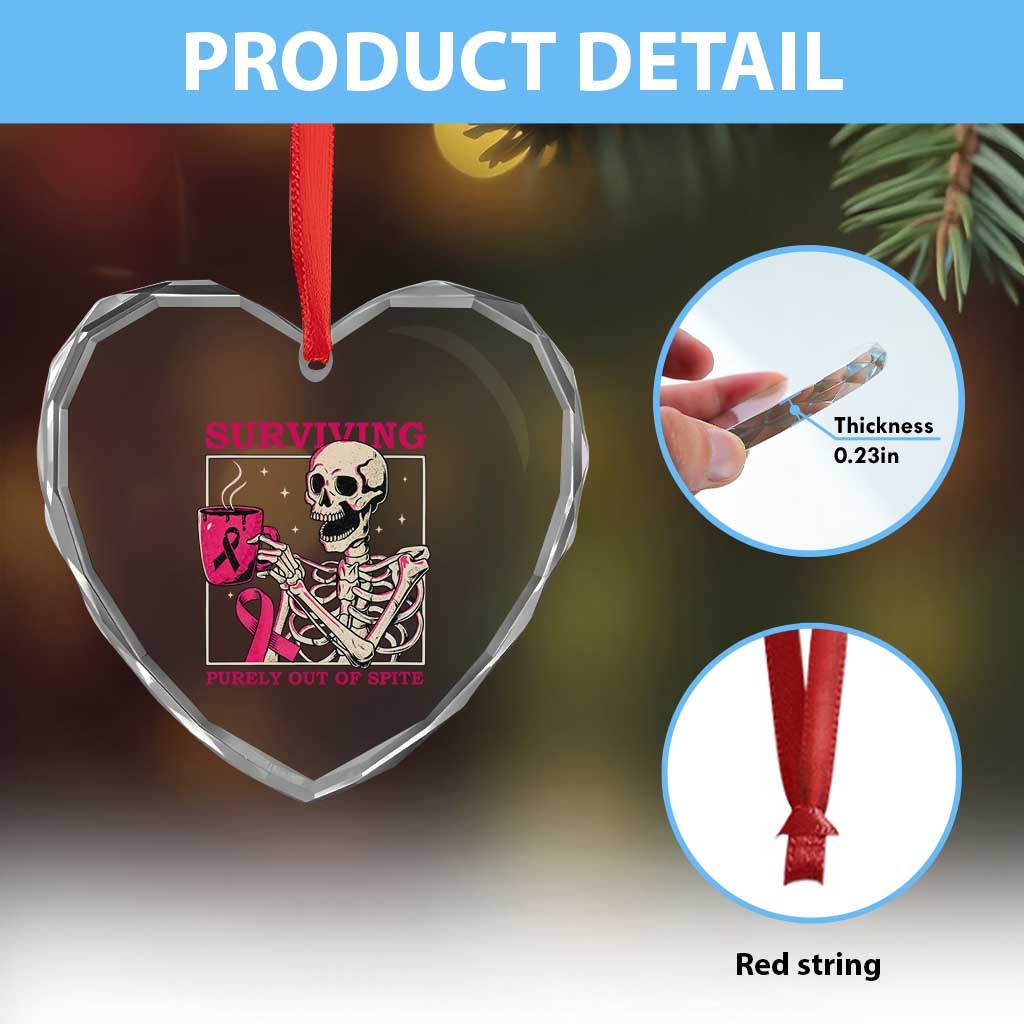 Funny Breast Cancer Skeleton Drinking Coffee Heart Crystal Glass Ornament Surviving Purely Out Of Spite Pink Ribbon Warrior