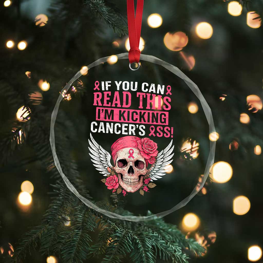 Funny Breast Cancer Survivor Crystal Glass Ornament Im Kicking Cancers Ass Pink Ribbon Skull TS10 Print Your Wear