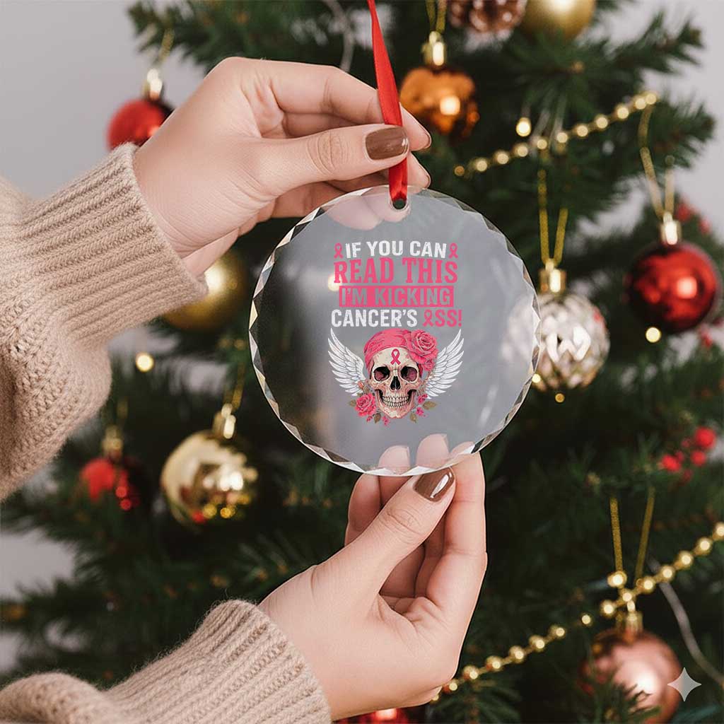 Funny Breast Cancer Survivor Crystal Glass Ornament Im Kicking Cancers Ass Pink Ribbon Skull TS10 Print Your Wear