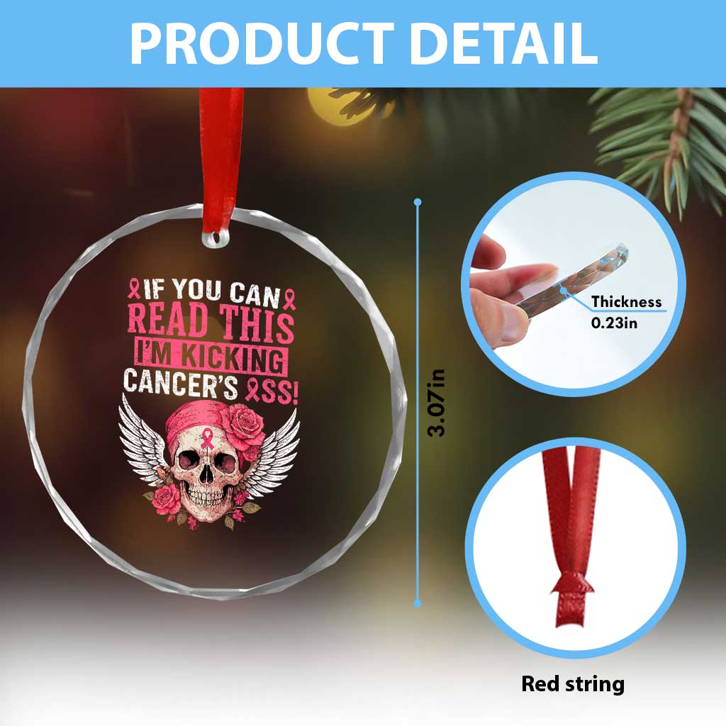 Funny Breast Cancer Survivor Crystal Glass Ornament Im Kicking Cancers Ass Pink Ribbon Skull TS10 Print Your Wear