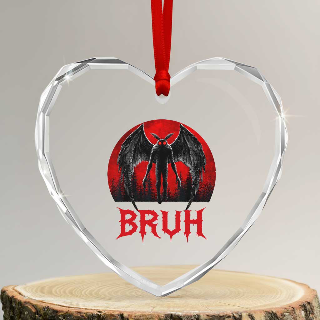Funny Bruh Mothman Heart Crystal Glass Ornament Cryptozoology Cryptid Humor Weirdcore Horror Moon TS11 Transparent Glass 3'' Heart Print Your Wear
