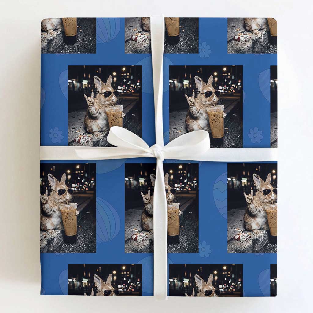 Funny Bunny Drinking Iced Coffee Wrapping Paper Roll Vintage 90s Graphic Meme TS14 Royal Blue Print Your Wear