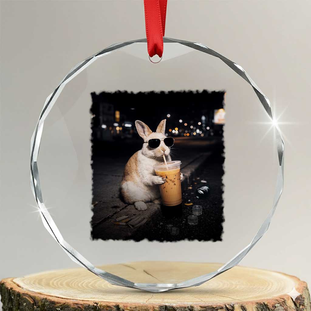 Funny Bunny Drinking Iced Coffee Crystal Glass Ornament Animal Meme Viral Internet TS14 Transparent Glass 3'' Circle Print Your Wear
