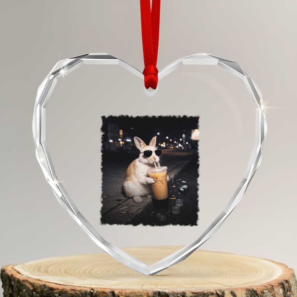 Funny Bunny Drinking Iced Coffee Heart Crystal Glass Ornament Animal Meme Viral Internet TS14 Transparent Glass 3'' Heart Print Your Wear