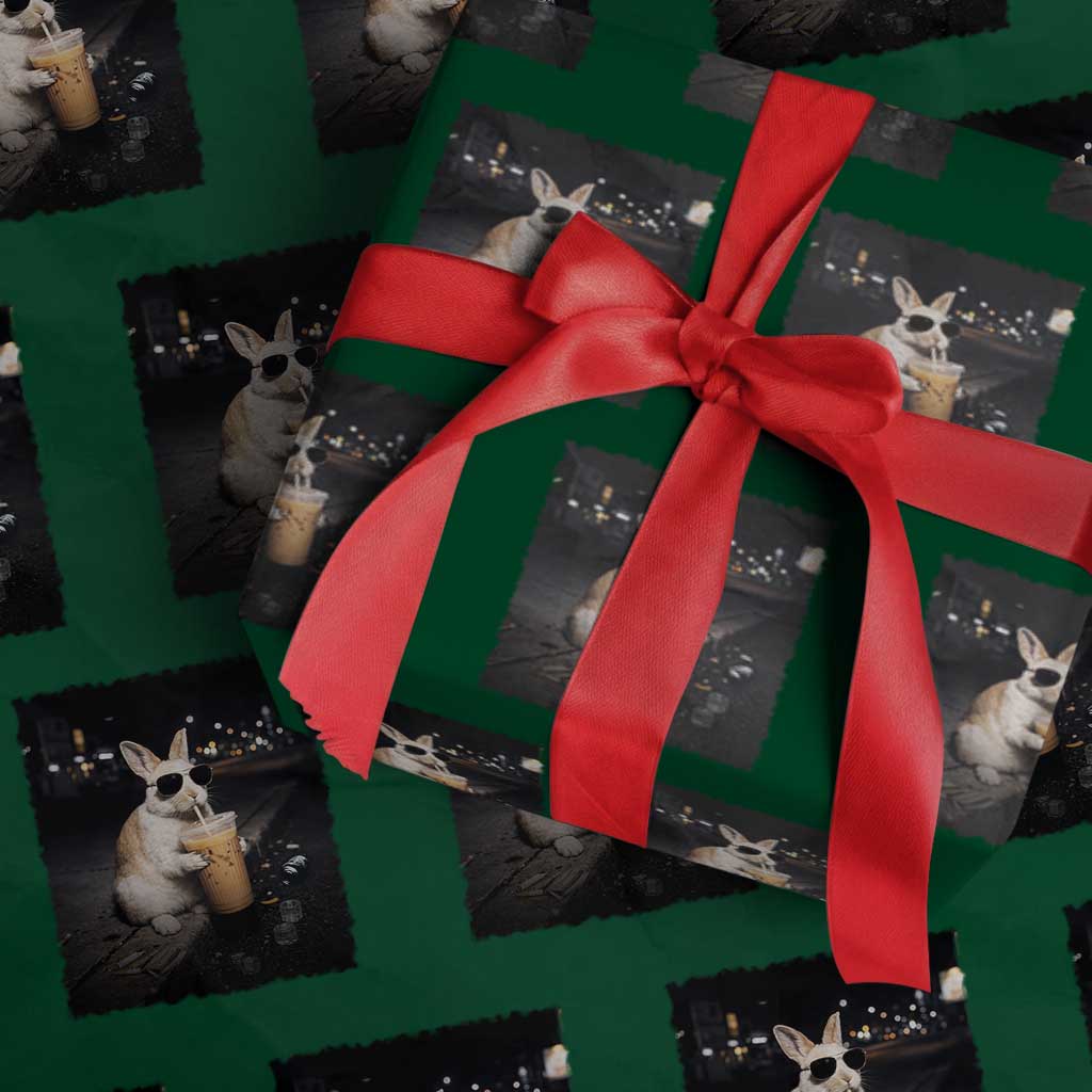 Funny Bunny Drinking Iced Coffee Wrapping Paper Roll Animal Meme Viral Internet TS14 Green Print Your Wear