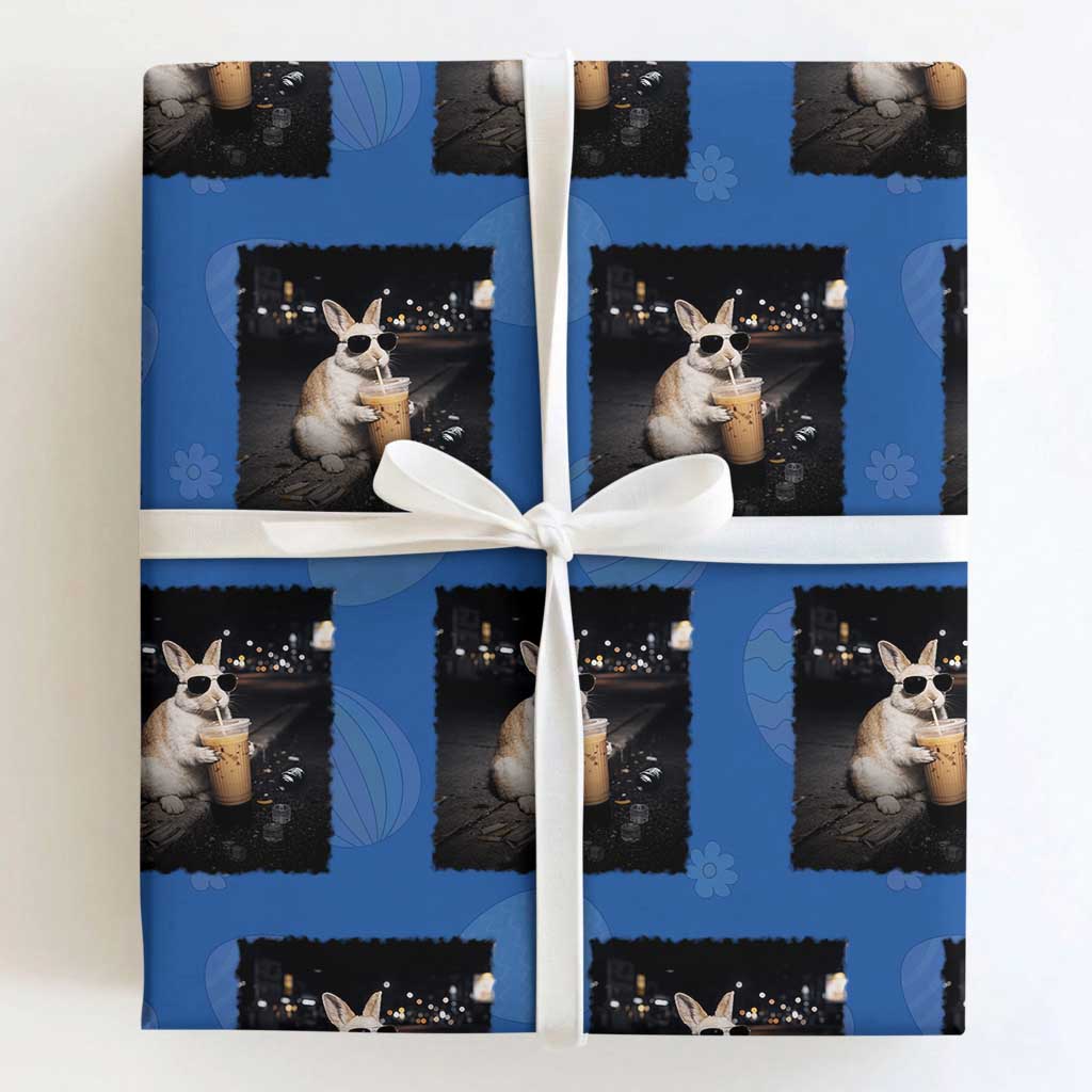 Funny Bunny Drinking Iced Coffee Wrapping Paper Roll Animal Meme Viral Internet TS14 Royal Blue Print Your Wear