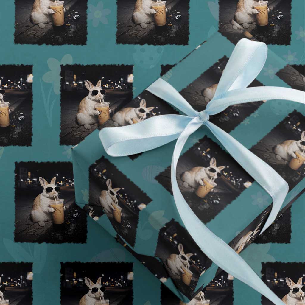 Funny Bunny Drinking Iced Coffee Wrapping Paper Roll Animal Meme Viral Internet TS14 Teal Print Your Wear