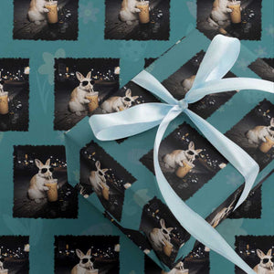 Funny Bunny Drinking Iced Coffee Wrapping Paper Roll Animal Meme Viral Internet TS14 Teal Print Your Wear