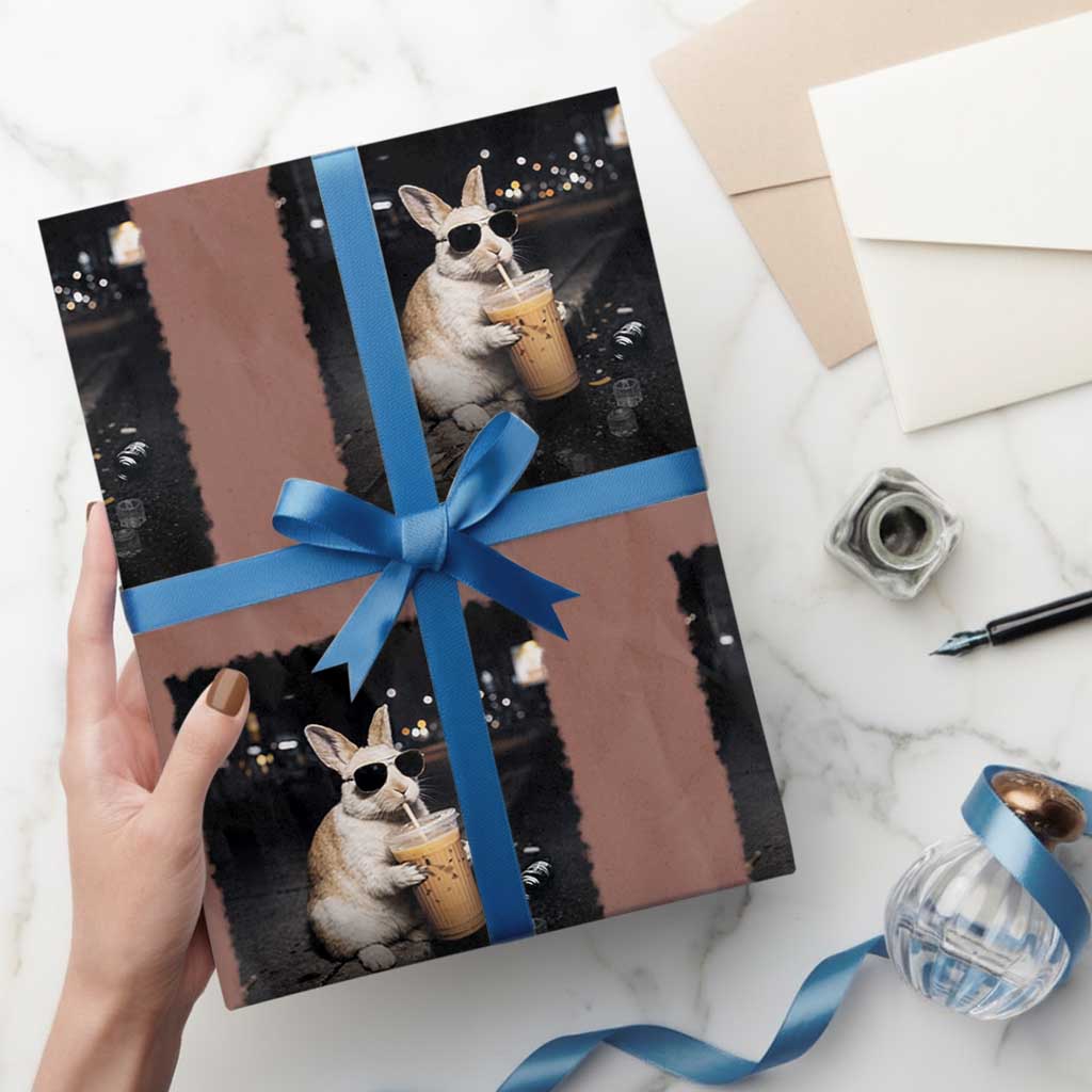 Funny Bunny Drinking Iced Coffee Wrapping Paper Roll Animal Meme Viral Internet TS14 Mocha Print Your Wear