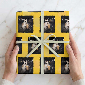 Funny Bunny Drinking Iced Coffee Wrapping Paper Roll Animal Meme Viral Internet TS14 Yellow Print Your Wear