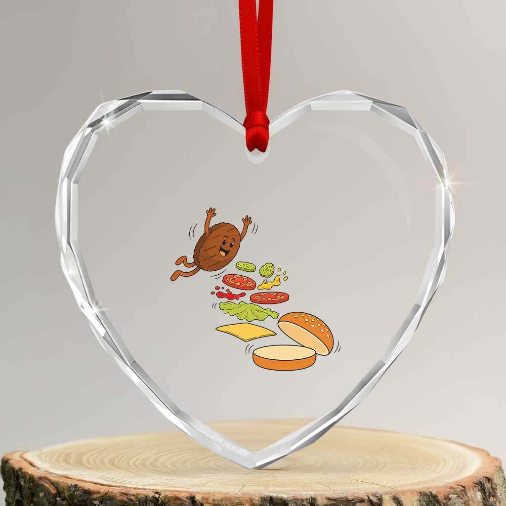 Funny Burger Ingredients Flying Into Bun Heart Crystal Glass Ornament Fast Food Lover Gift TS12 Transparent Glass 3'' Heart Print Your Wear