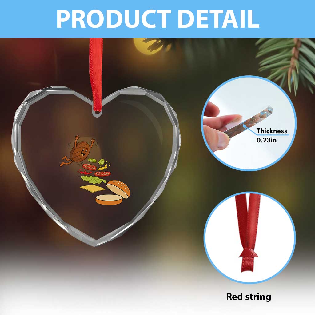 Funny Burger Ingredients Flying Into Bun Heart Crystal Glass Ornament Fast Food Lover Gift
