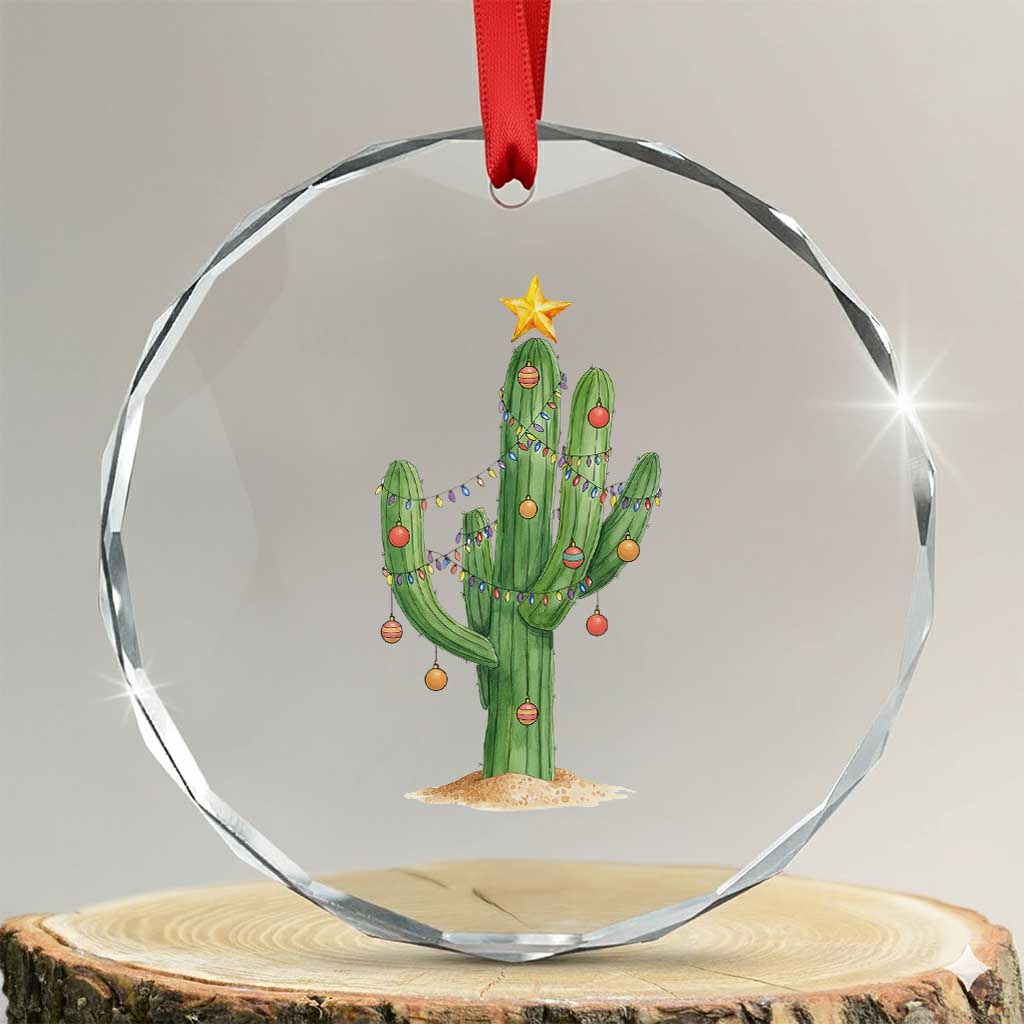 Funny Cactus Christmas Xmas Trees Lights Santa Hat Cactus Lovers Crystal Glass Ornament TS11 Transparent Glass 3'' Circle Print Your Wear