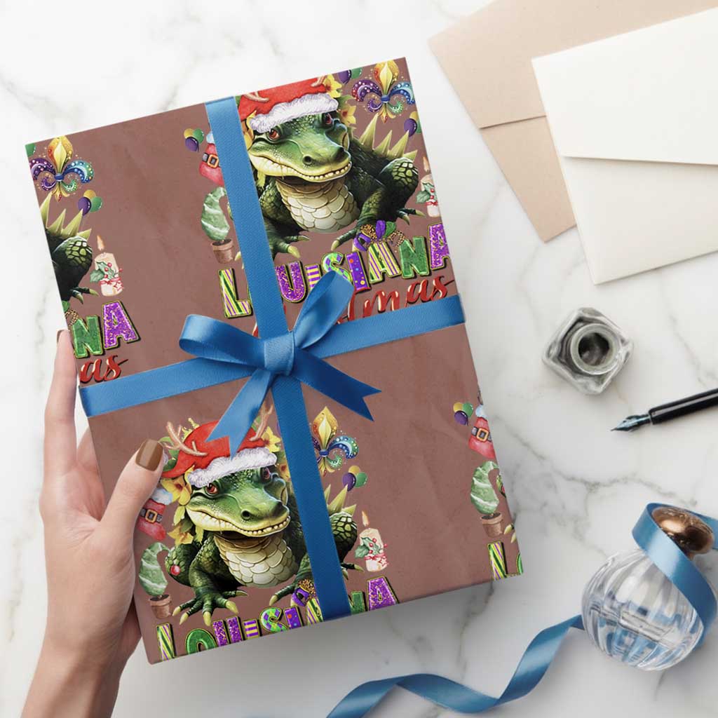 Funny Cajun Louisiana Christmas Santa's Alligator Wrapping Paper Roll TS11 Mocha Print Your Wear