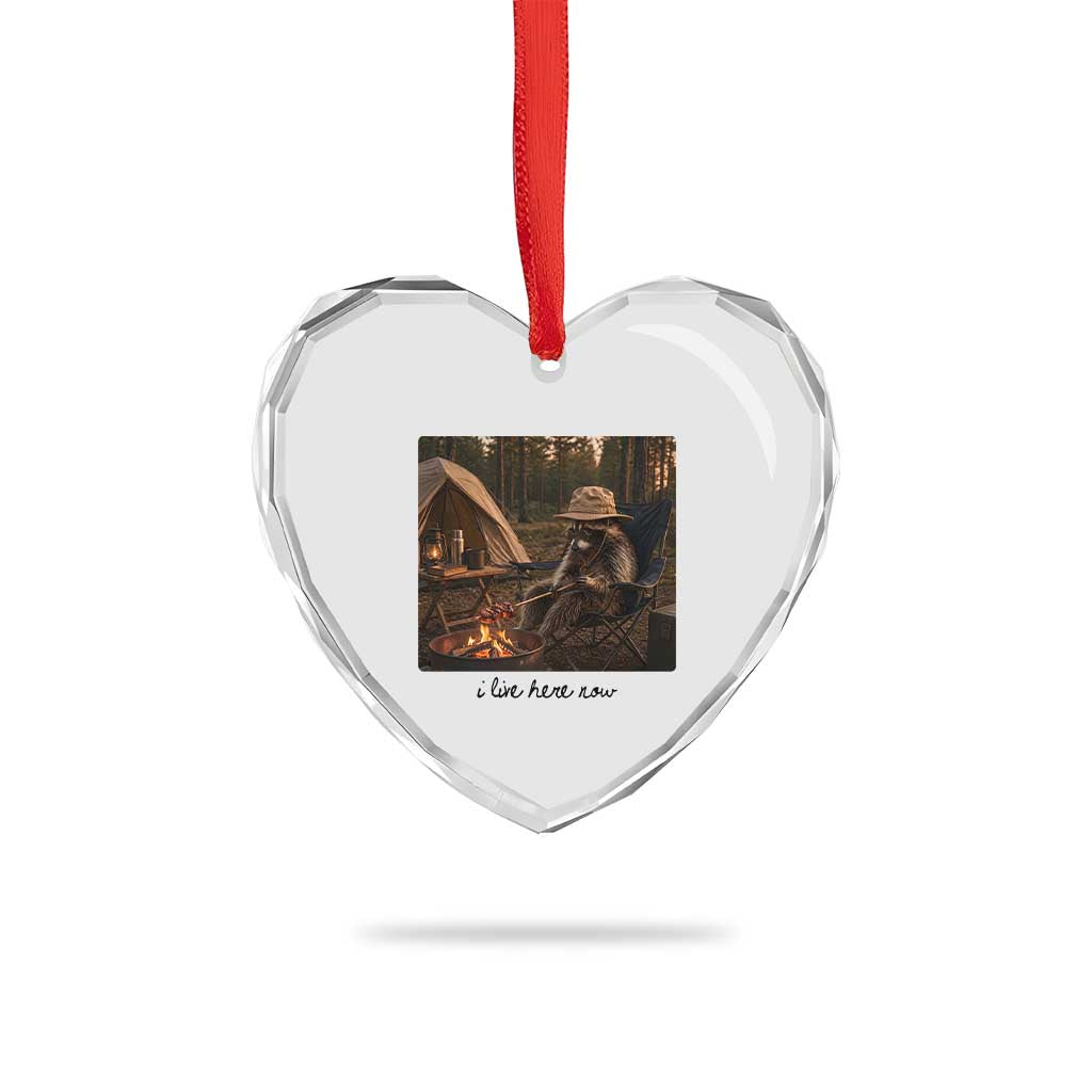 Funny Camping Raccoon Heart Crystal Glass Ornament I Live Here Now Outdoor Lover