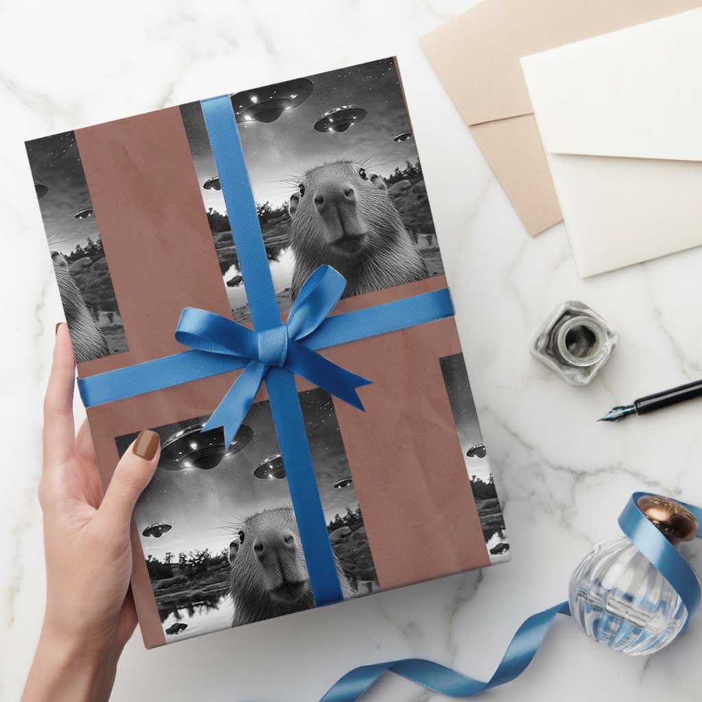 Funny Capybara Wrapping Paper Roll Selfie With UFOs Capy Meme Graphic TS02 Mocha Print Your Wear