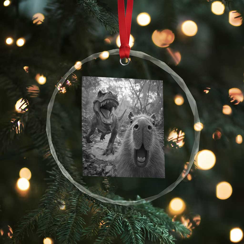 Funny Capybara Selfie With Dinosaur Meme Crystal Glass Ornament Animal Humor Gift TS12 Print Your Wear