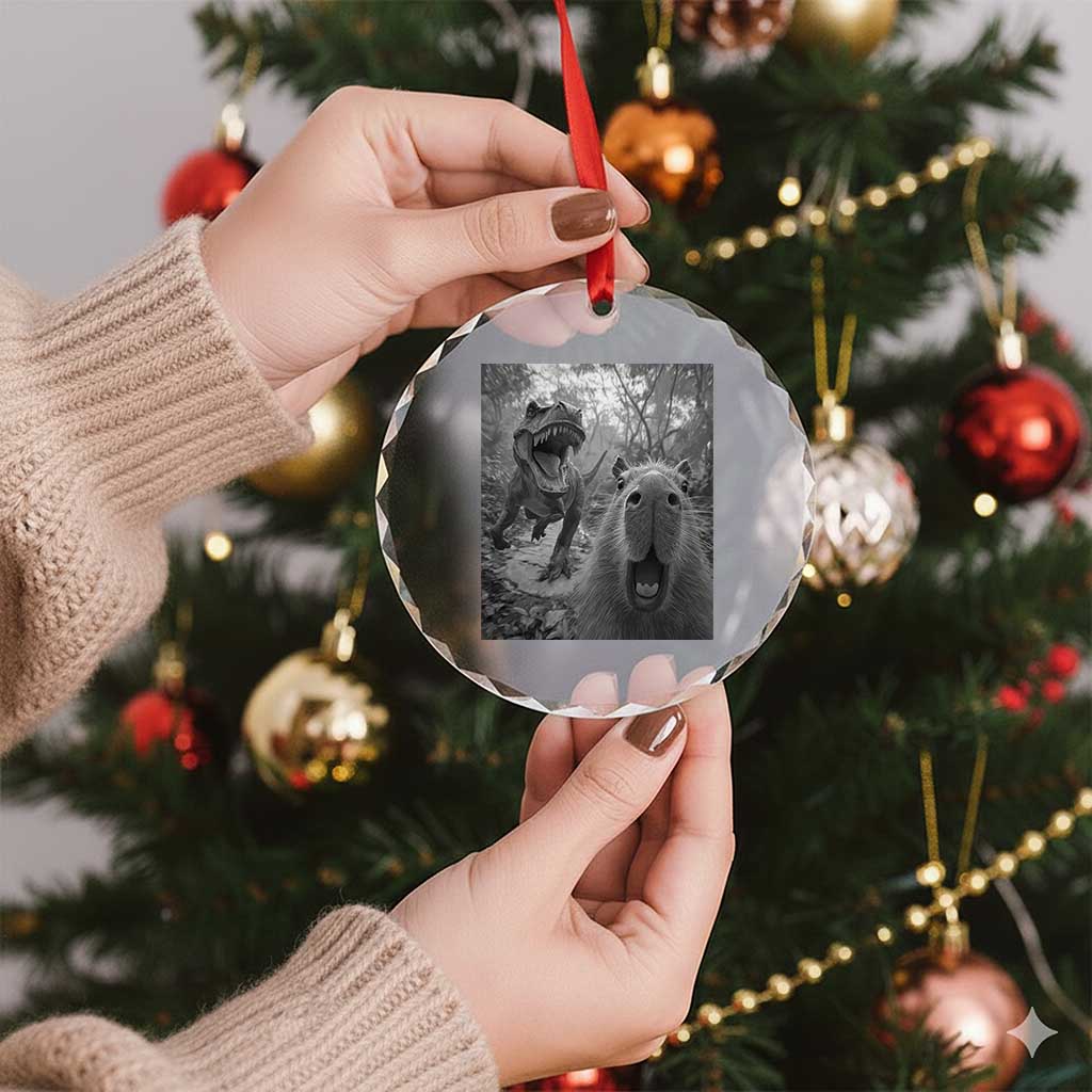 Funny Capybara Selfie With Dinosaur Meme Crystal Glass Ornament Animal Humor Gift TS12 Print Your Wear
