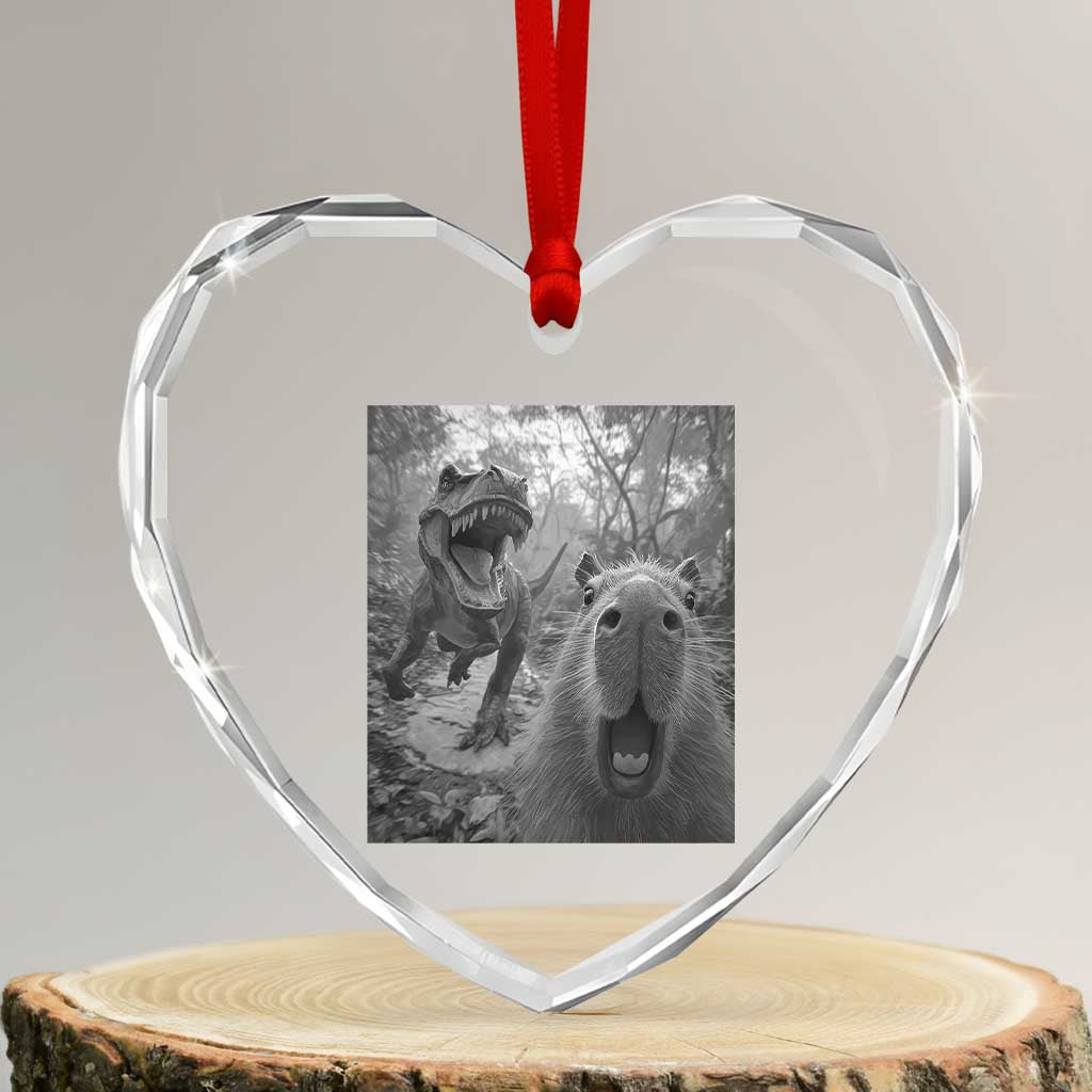 Funny Capybara Selfie With Dinosaur Meme Heart Crystal Glass Ornament Animal Humor Gift TS12 Transparent Glass 3'' Heart Print Your Wear