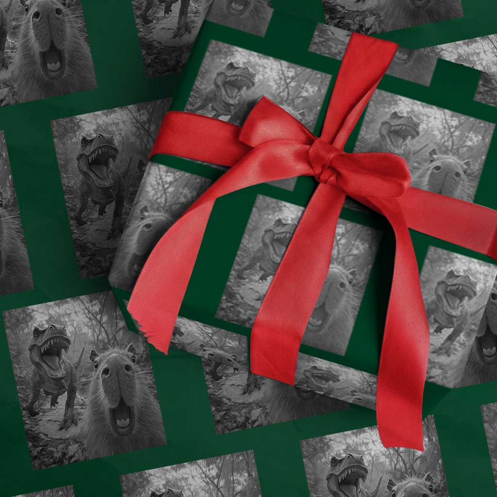 Funny Capybara Selfie With Dinosaur Meme Wrapping Paper Roll Animal Humor Gift TS12 Green Print Your Wear
