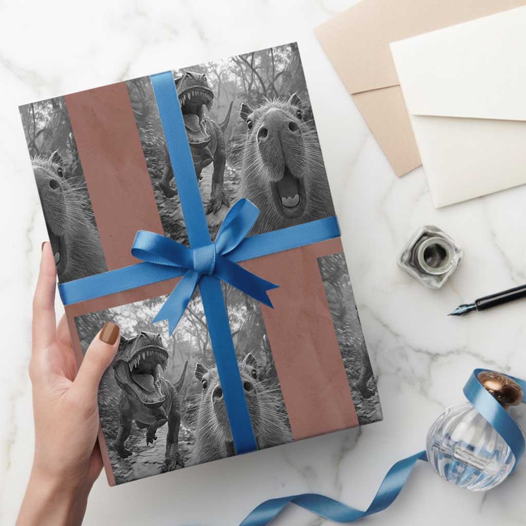 Funny Capybara Selfie With Dinosaur Meme Wrapping Paper Roll Animal Humor Gift TS12 Mocha Print Your Wear