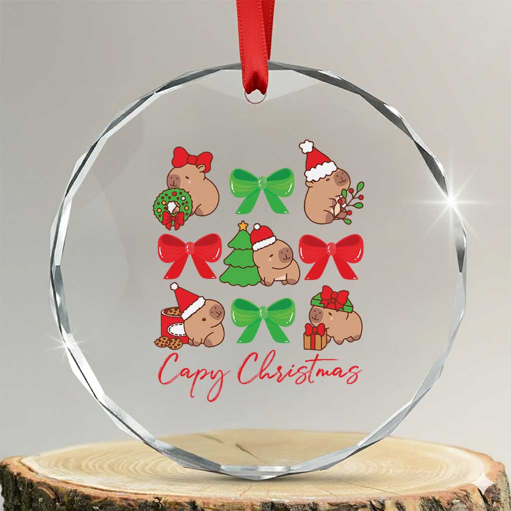 Funny Capybara Xmas Crystal Glass Ornament Cute Capy Coquette Bow TS09 Transparent Glass 3'' Circle Print Your Wear