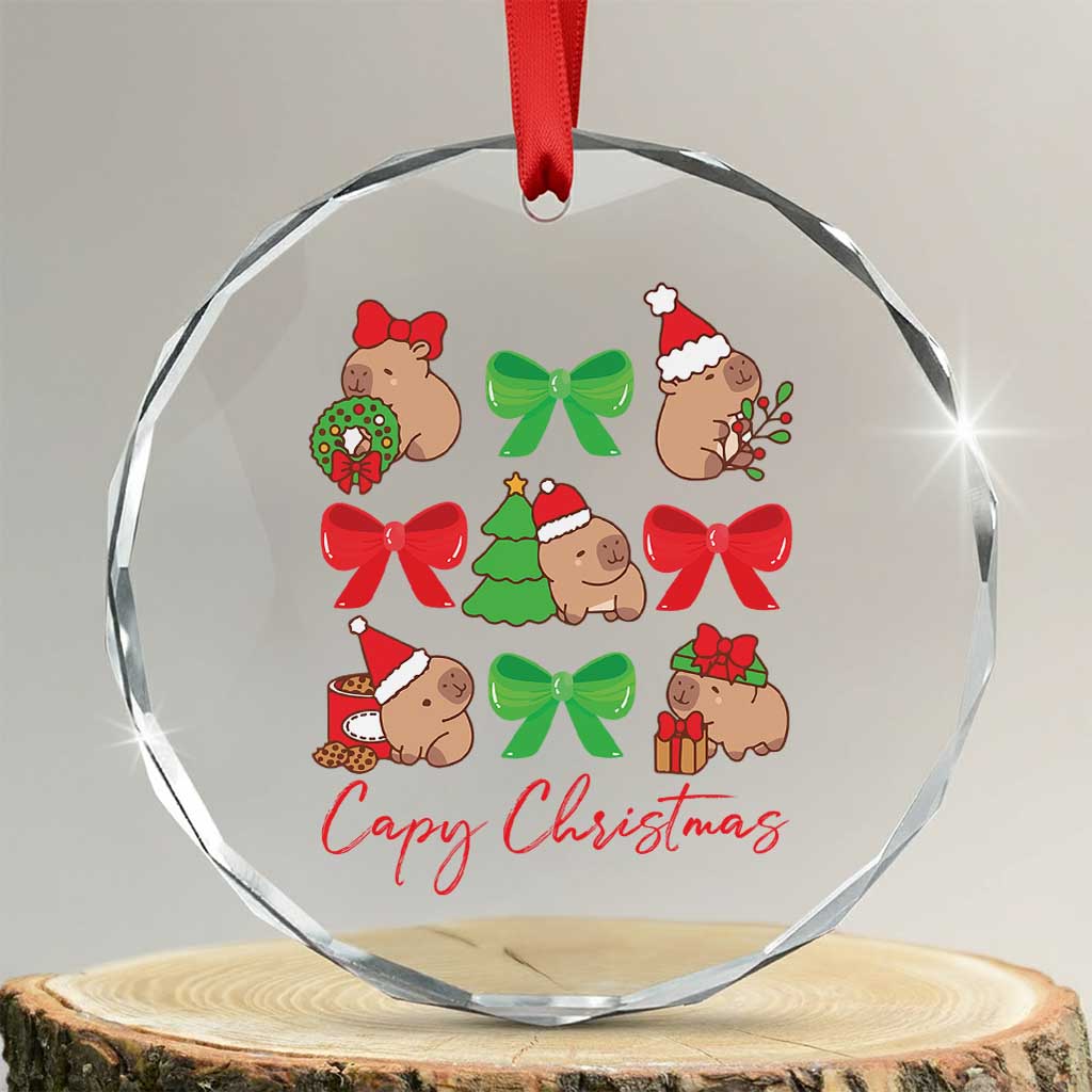 Funny Capybara Xmas Crystal Glass Ornament Cute Capy Coquette Bow TS09 Transparent Glass 3'' Circle Print Your Wear