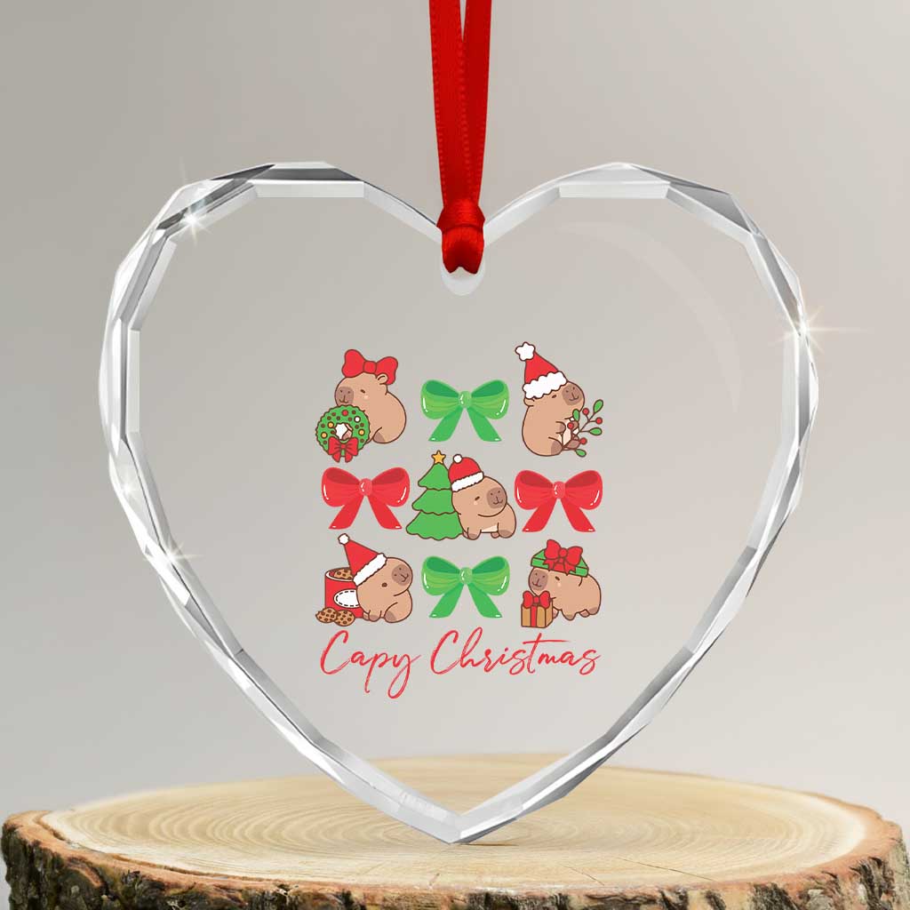 Funny Capybara Xmas Heart Crystal Glass Ornament Cute Capy Coquette Bow TS09 Transparent Glass 3'' Heart Print Your Wear