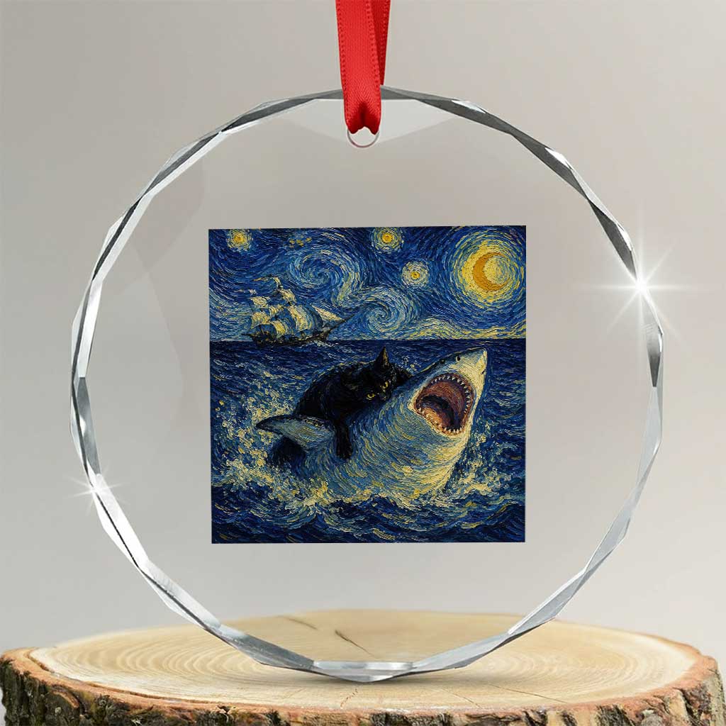 Funny Cat Biting Shark Starry Night Inspired Art Crystal Glass Ornament TS12 Transparent Glass 3'' Circle Print Your Wear