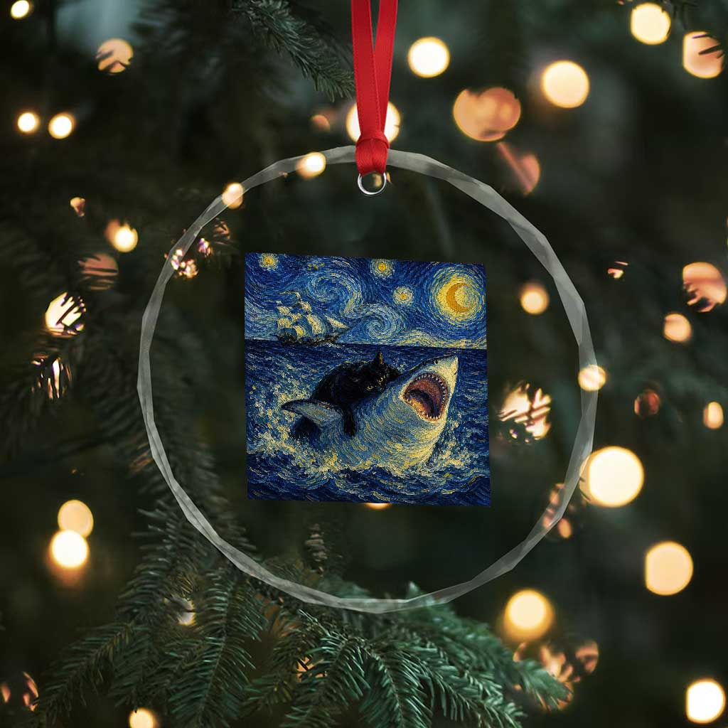 Funny Cat Biting Shark Starry Night Inspired Art Crystal Glass Ornament