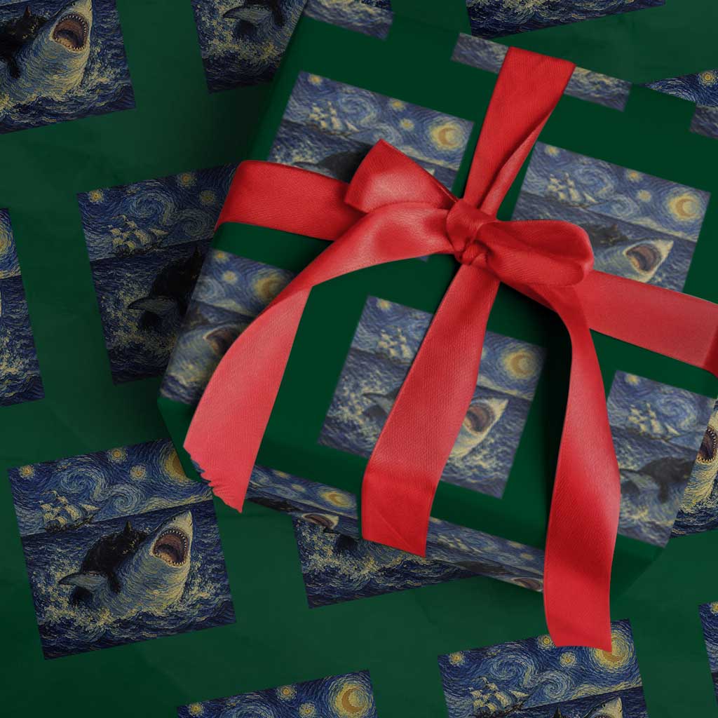 Funny Cat Biting Shark Starry Night Inspired Art Wrapping Paper Roll TS12 Green Print Your Wear