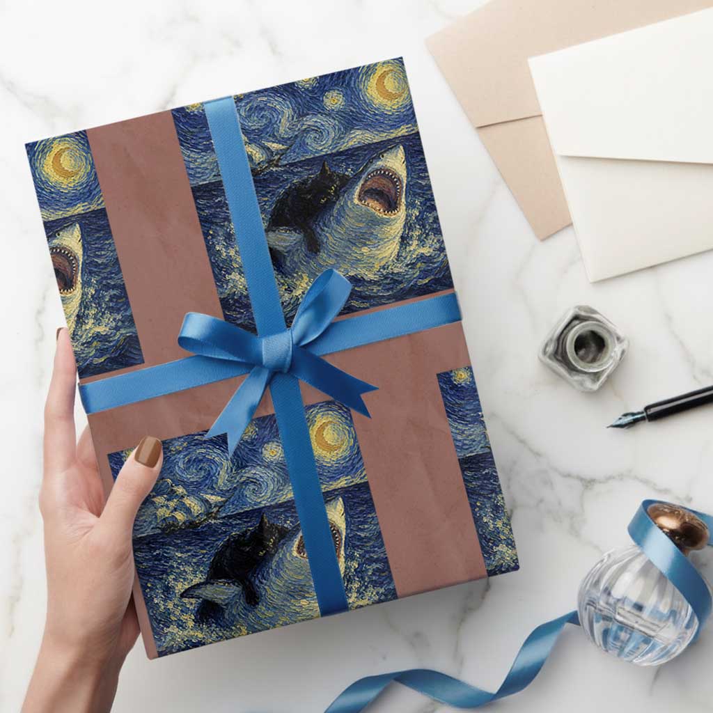 Funny Cat Biting Shark Starry Night Inspired Art Wrapping Paper Roll