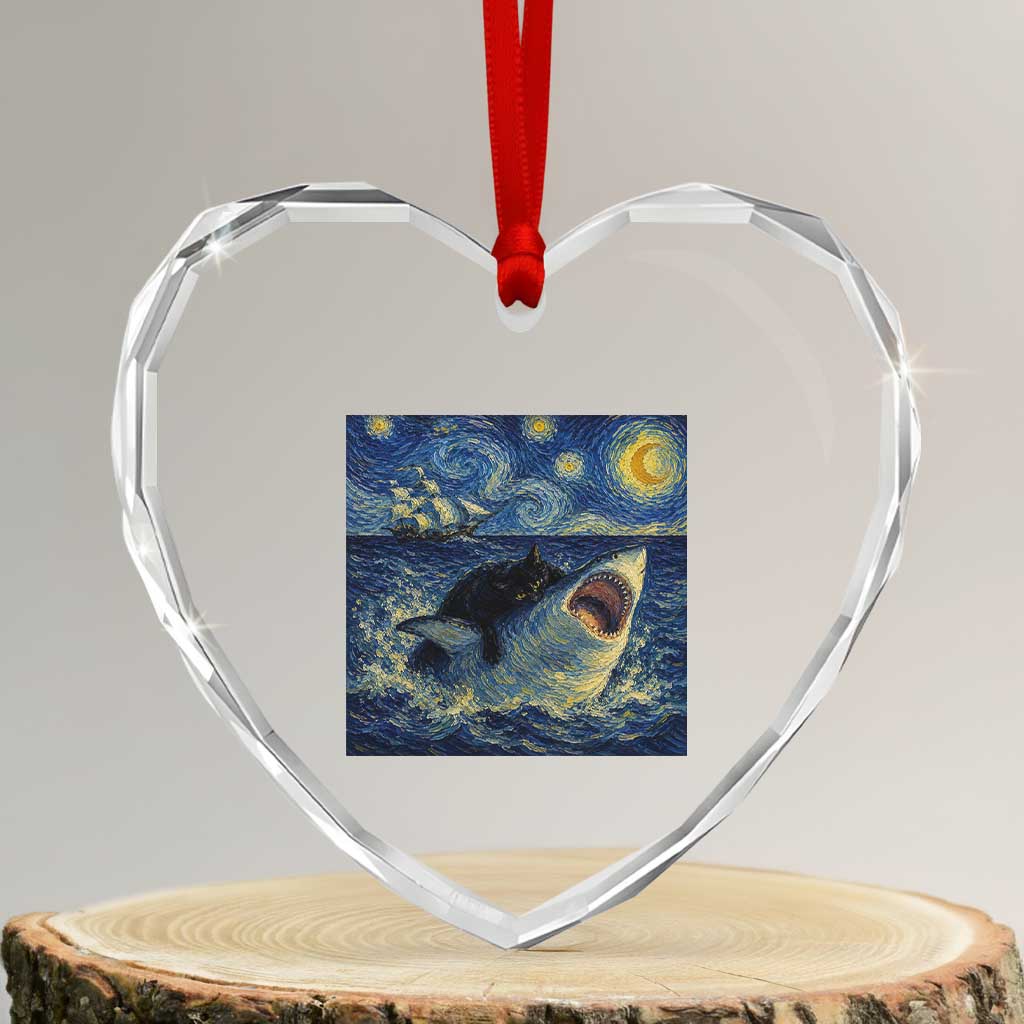 Funny Cat Biting Shark Starry Night Inspired Art Heart Crystal Glass Ornament TS12 Transparent Glass 3'' Heart Print Your Wear