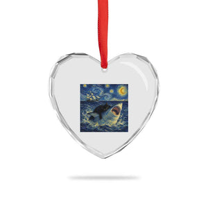 Funny Cat Biting Shark Starry Night Inspired Art Heart Crystal Glass Ornament