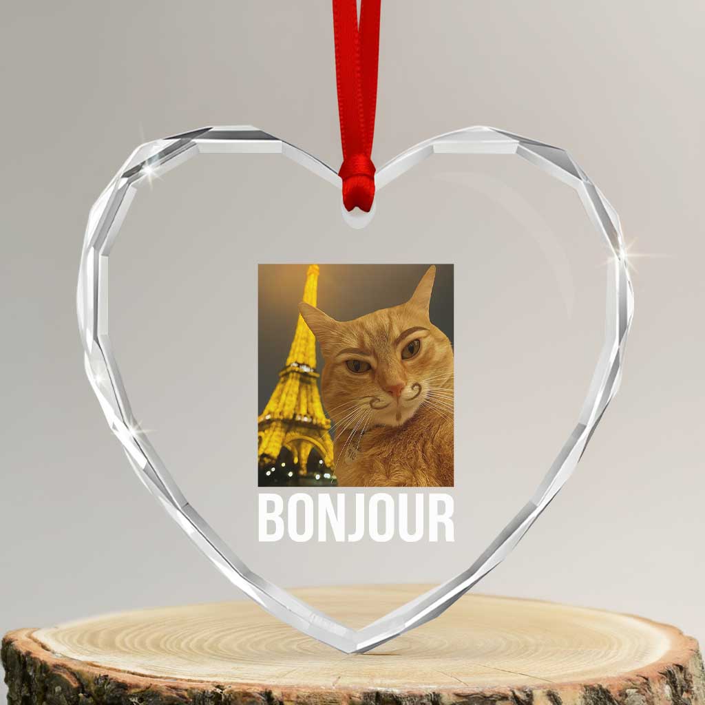 Funny Cat Bonjour Heart Crystal Glass Ornament Paris France Eiffel Tower Orange Cat Meme TS10 Transparent Glass 3'' Heart Print Your Wear