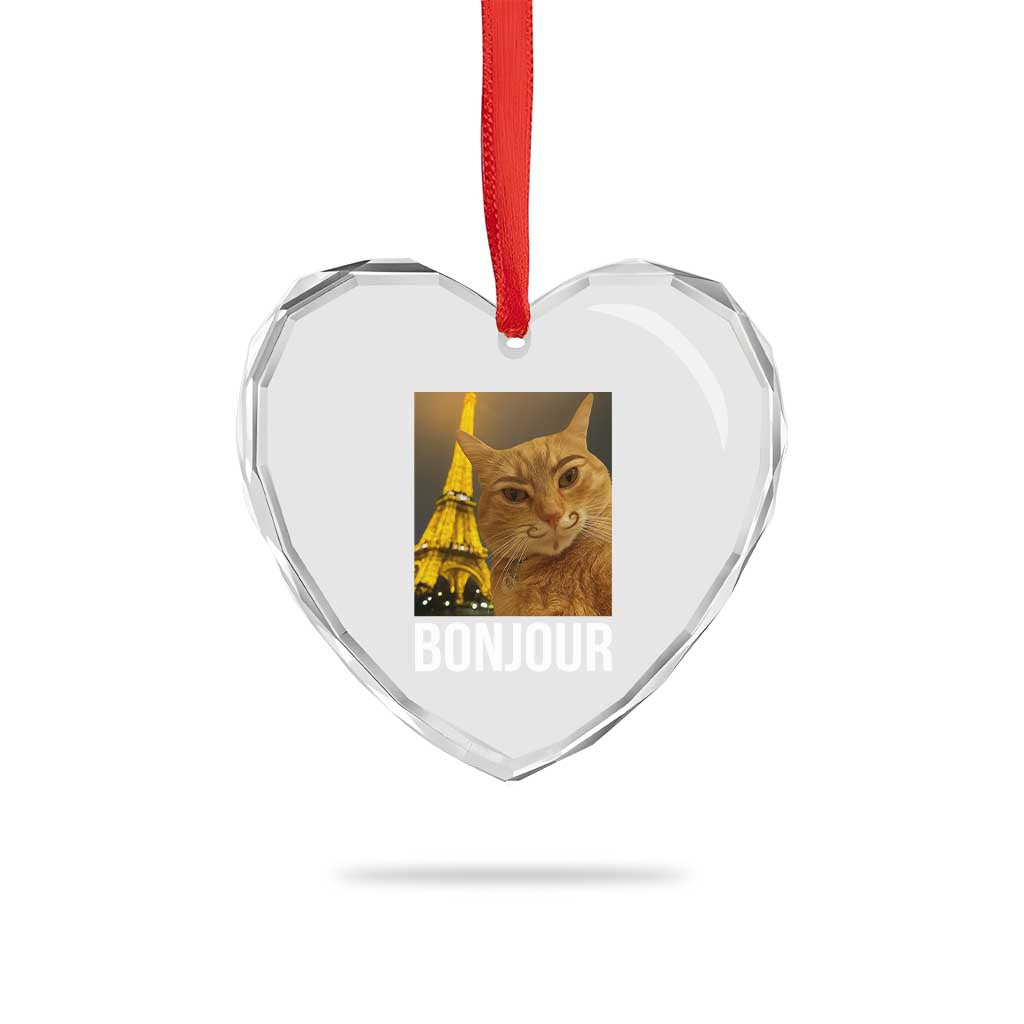 Funny Cat Bonjour Heart Crystal Glass Ornament Paris France Eiffel Tower Orange Cat Meme TS10 Print Your Wear