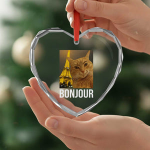 Funny Cat Bonjour Heart Crystal Glass Ornament Paris France Eiffel Tower Orange Cat Meme TS10 Print Your Wear