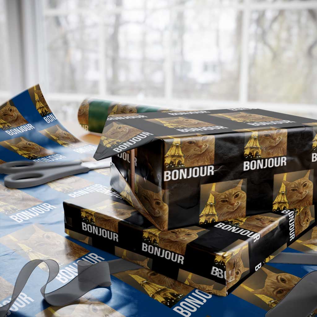 Funny Cat Bonjour Wrapping Paper Roll Paris France Eiffel Tower Orange Cat Meme TS10 Black Print Your Wear