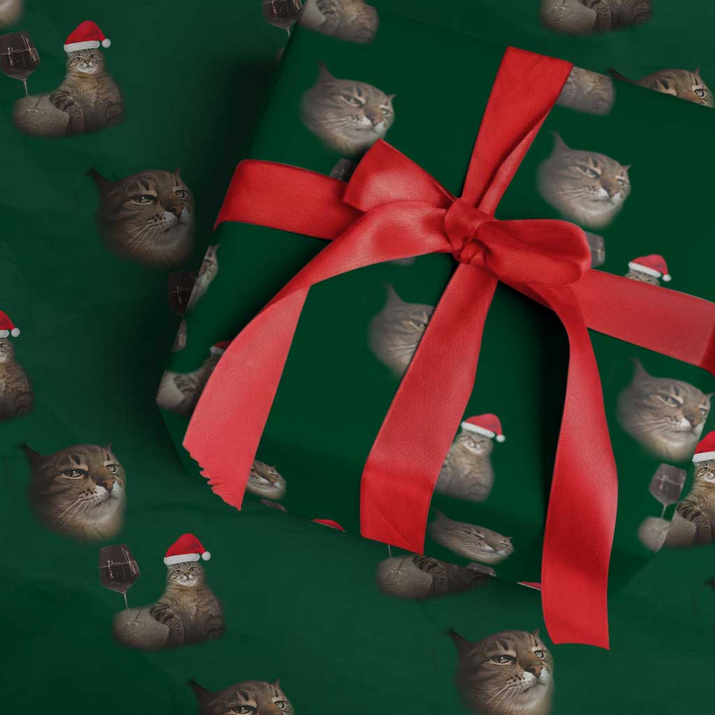 Funny Cat Christmas Wrapping Paper Roll Cats Drinking Wine Oddly Specific Meme TS14 Green Print Your Wear