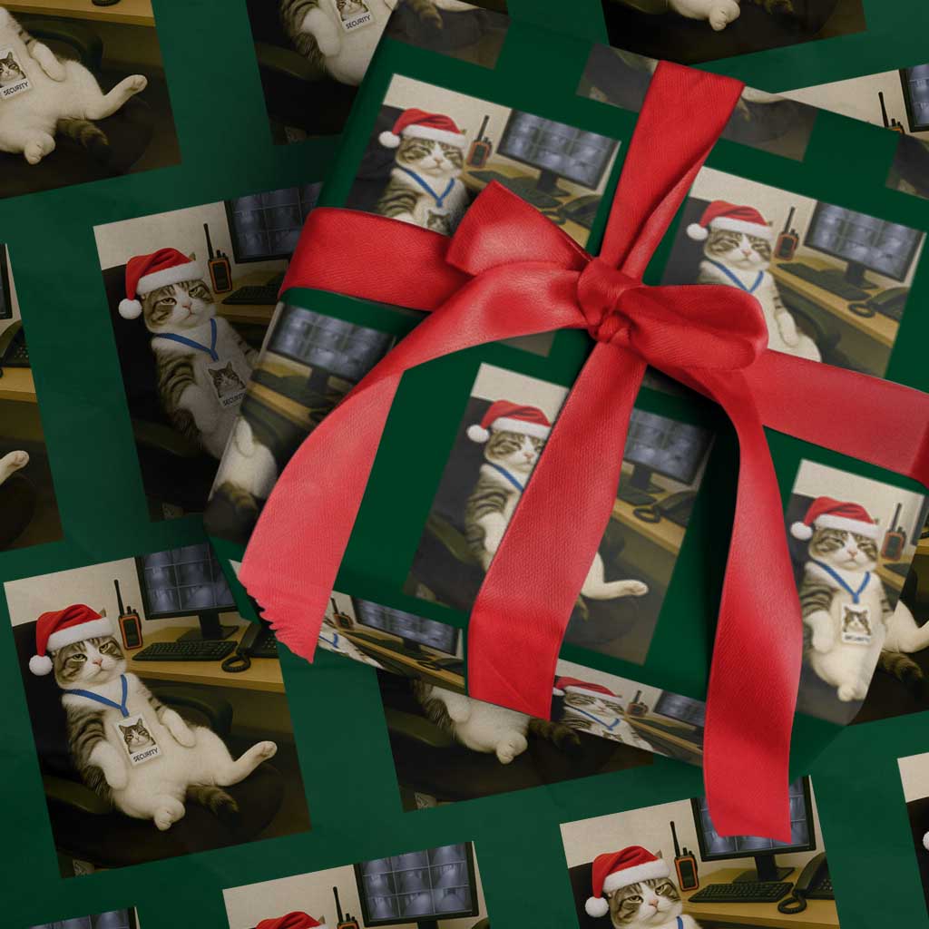 Funny Cat Christmas Wrapping Paper Roll Night Time Security Guard TS14 Green Print Your Wear