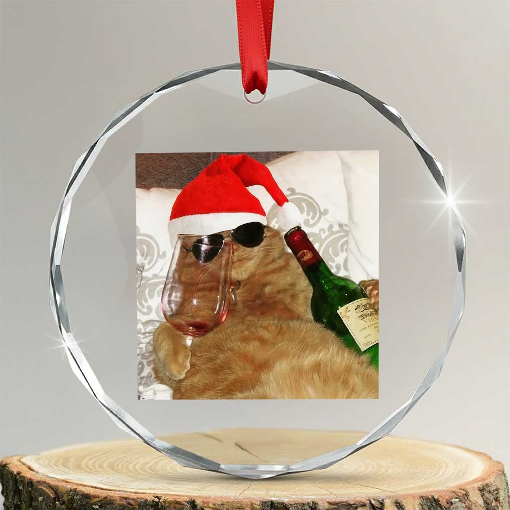 Funny Cat Drinking Wine Christmas Crystal Glass Ornament TS14 Transparent Glass 3'' Circle Print Your Wear