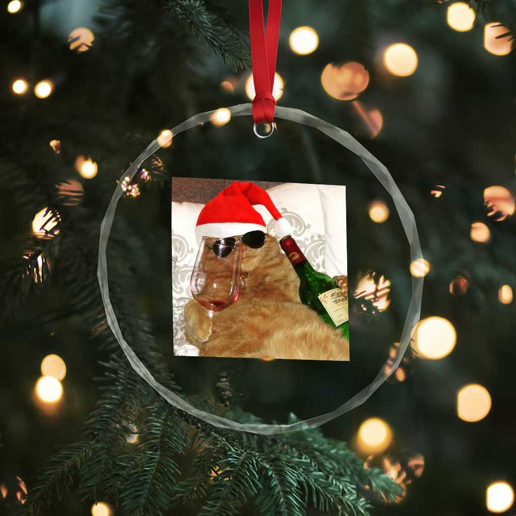 Funny Cat Drinking Wine Christmas Crystal Glass Ornament TS14 Print Your Wear